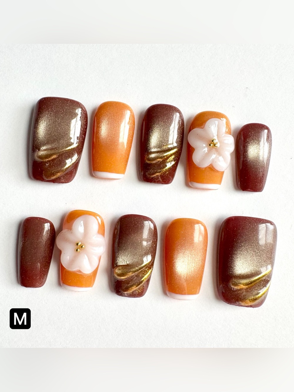 Autumn Orange & Brown 3D Floral Press-On Nails